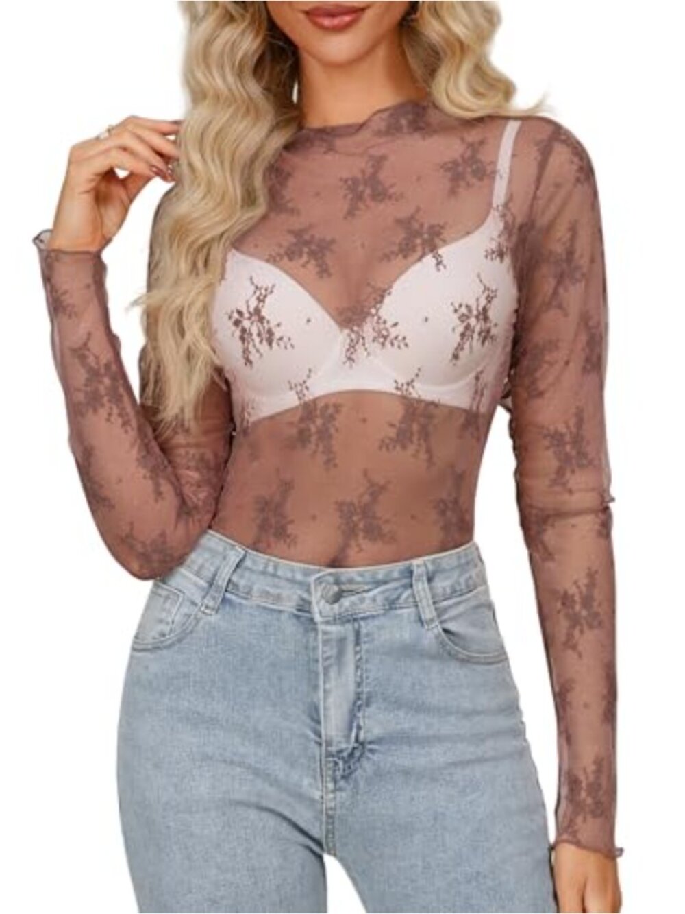 Women's Sheer Lace Blouse Mock Neck Long Sleeve See Through Y2K Layering Top